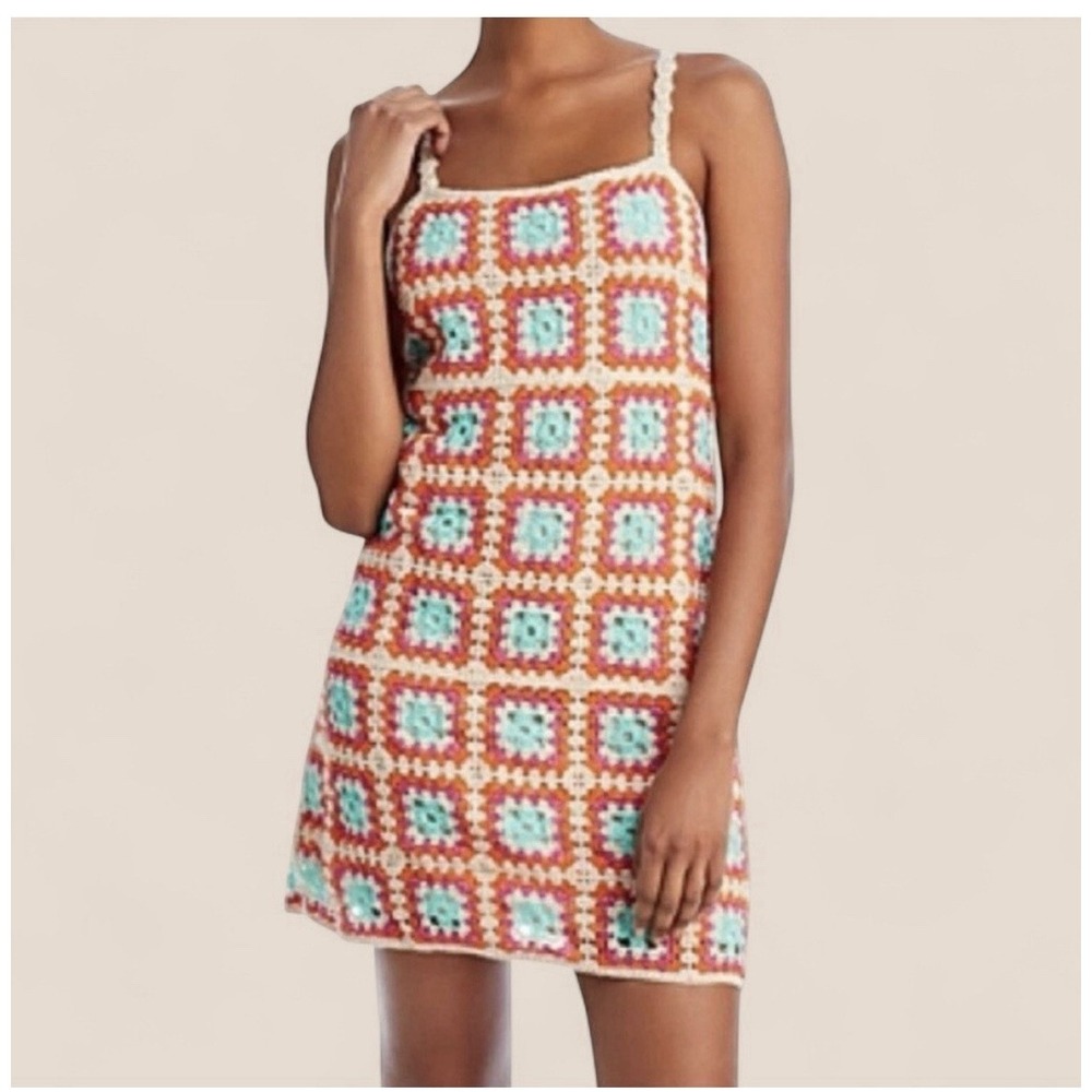 Willow & Wind Crochet Granny Square Boho Mini Dress Retro 70s Festival Style S